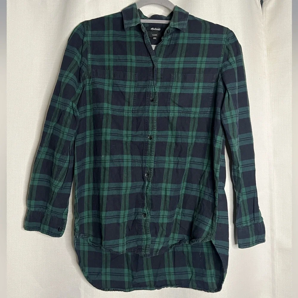 Madewell Green and Navy Blue Plaid Cotton Button Up XXS - Picture 6 of 6